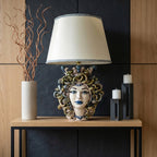 Handmade Medusa head table lamp with ceramic snakes, modern decor for living room or entryway