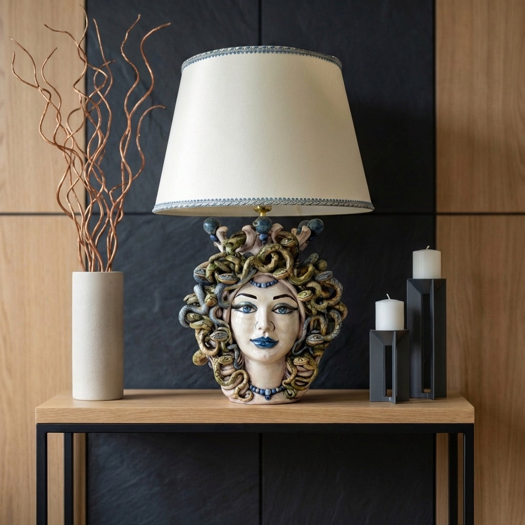 Handmade Medusa head table lamp with ceramic snakes, modern decor for living room or entryway