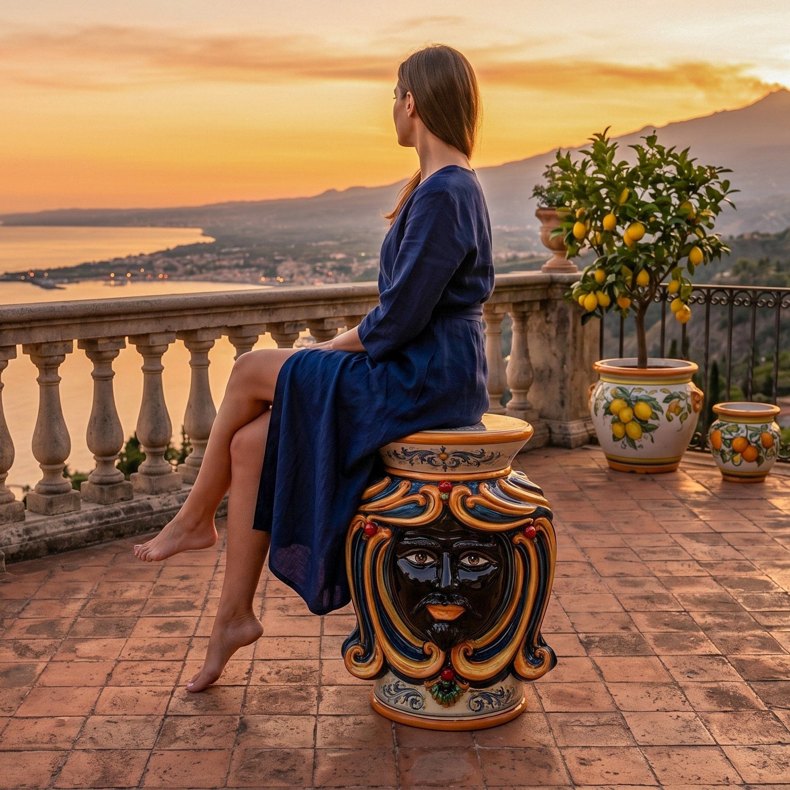 Pouf Kopf mit Sitzfläche, H 60 Dekoration in Blau und Orange Mohr Mann