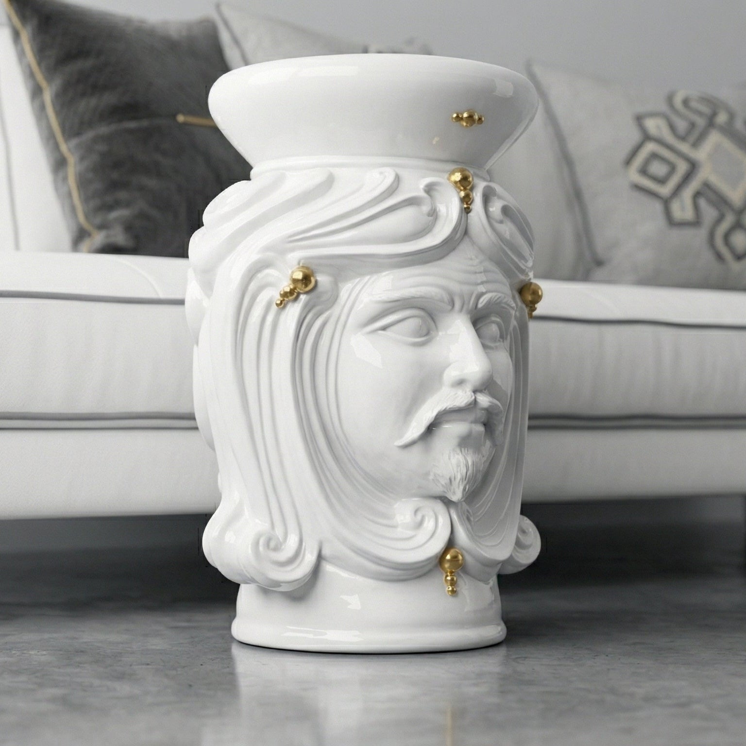 Pouf Kopf H 60 Weiß und Gold männlich