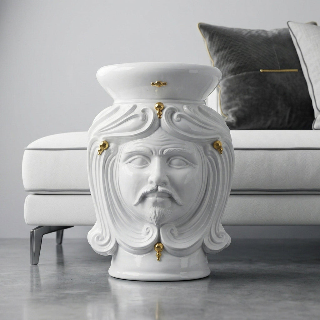 Pouf Kopf H 60 Weiß und Gold männlich