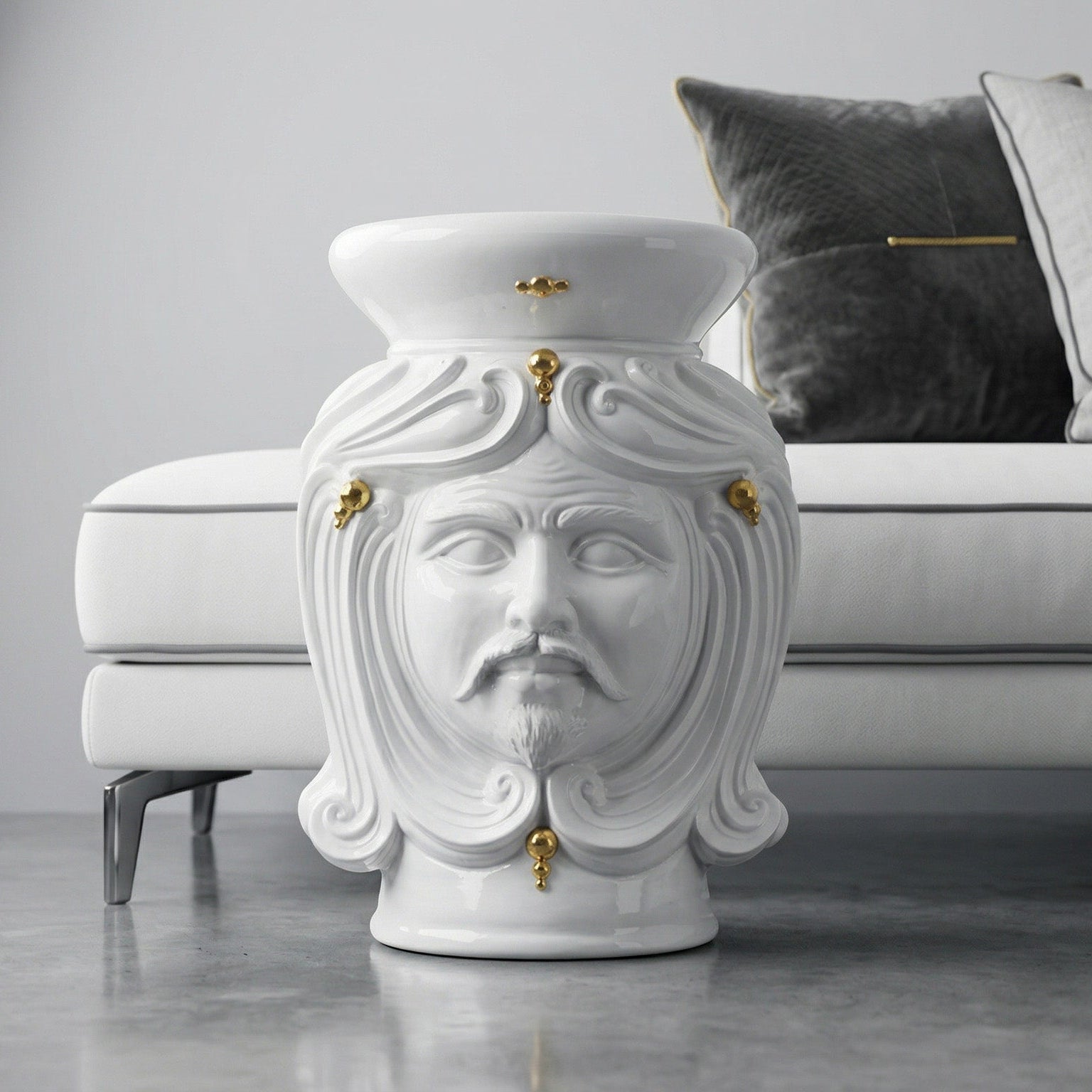 Pouf Kopf H 60 Weiß und Gold männlich