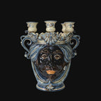 Handmade Teste di Moro ceramic vase with blue and white crown, featuring a detailed face and candle holders.