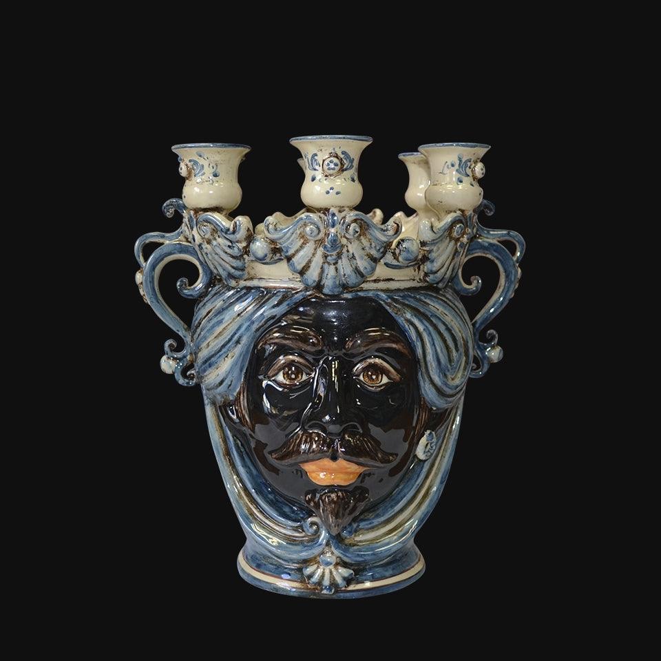Handmade Teste di Moro ceramic vase with blue and white crown, featuring a detailed face and candle holders.
