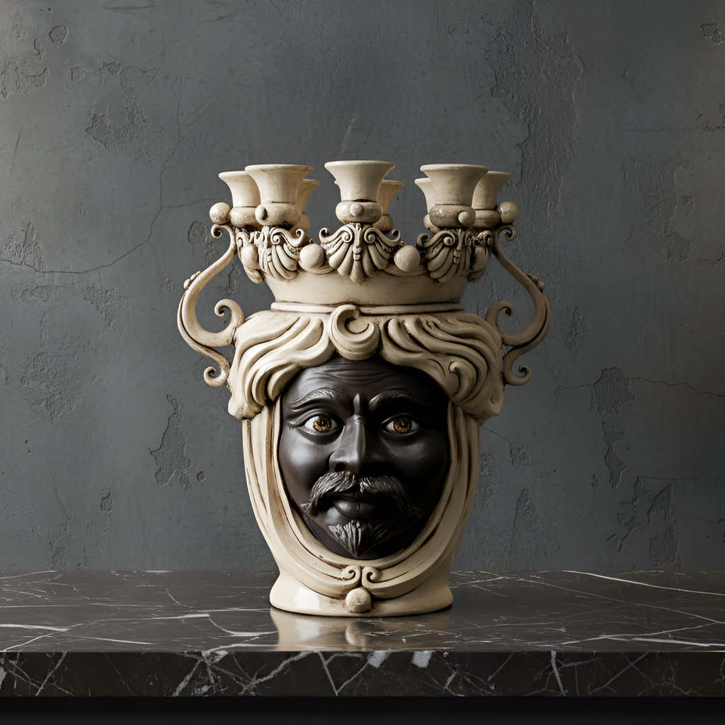 Handcrafted Teste di Moro candle holder with ornate crown and expressive face, blending tradition and modern design.