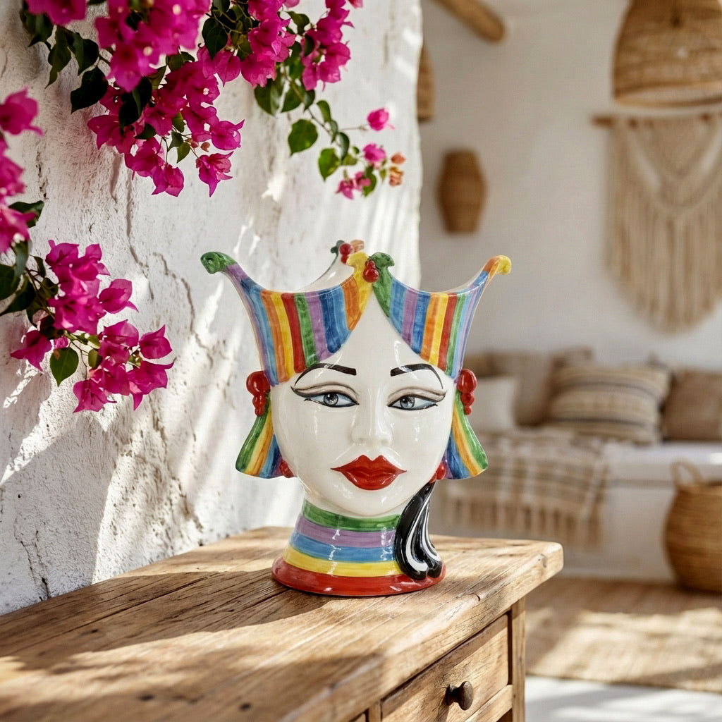 Handmade Teste di Moro ceramic vase with colorful striped crown, displayed on rustic wood table beside pink flowers