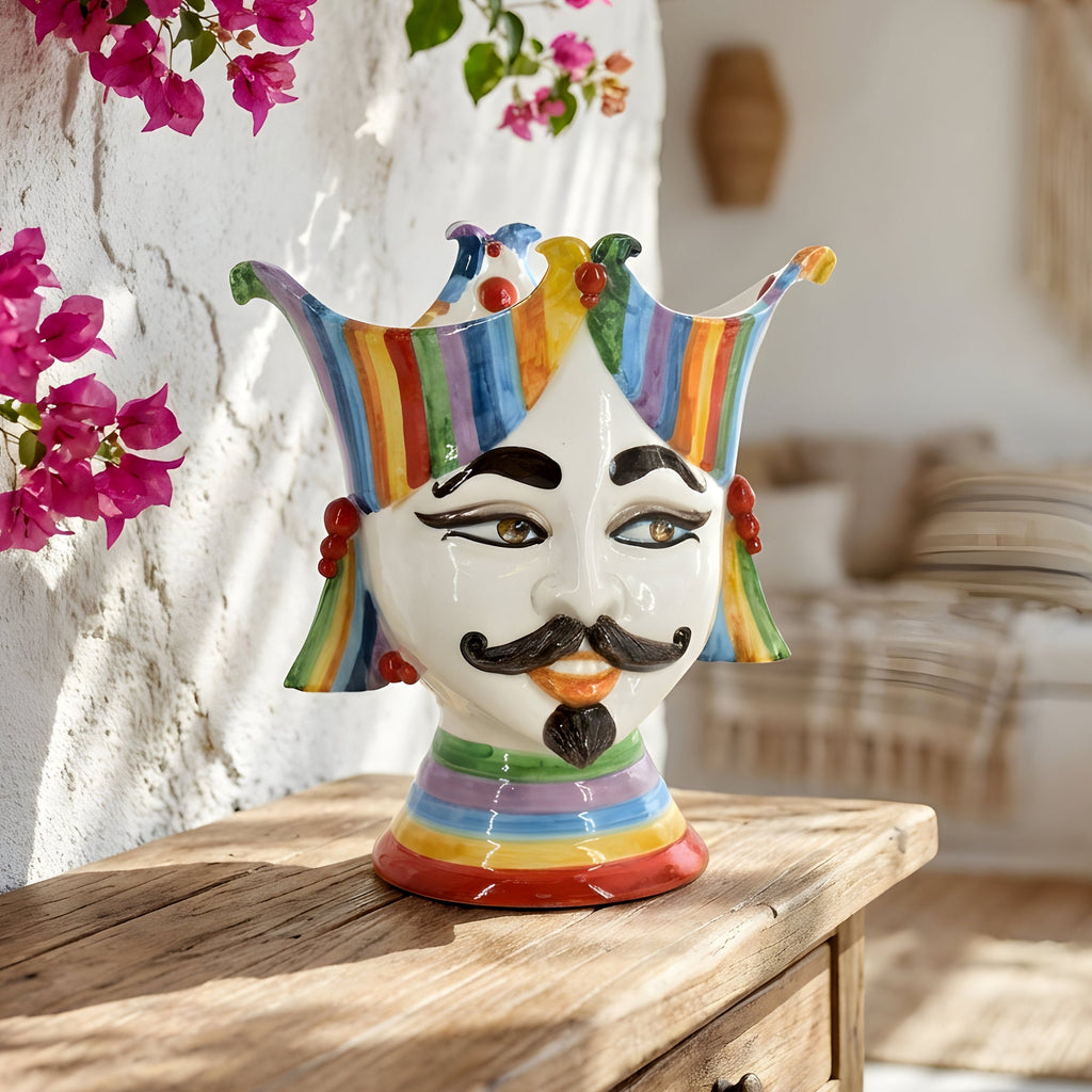 Testa di Moro "Aisha" 25 cm White and Color - Viso Uomo in Ceramica Siciliana - Ceramiche di Caltagirone Sofia
