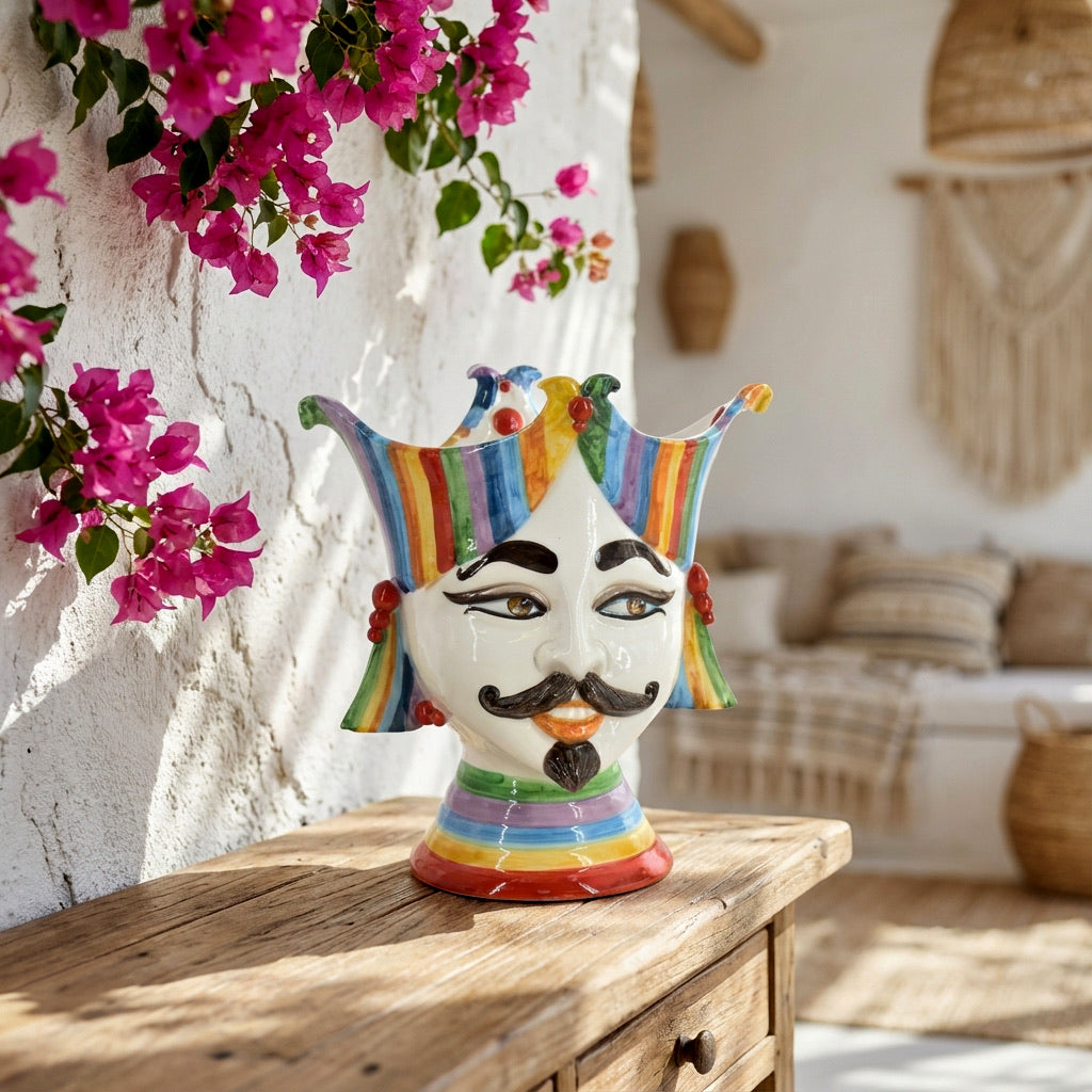 Handmade Teste di Moro ceramic vase with colorful striped crown, displayed on wooden table beside pink flowers