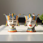 Hand-painted ceramic Teste di Moro with colorful striped crowns, male and female designs for home decor