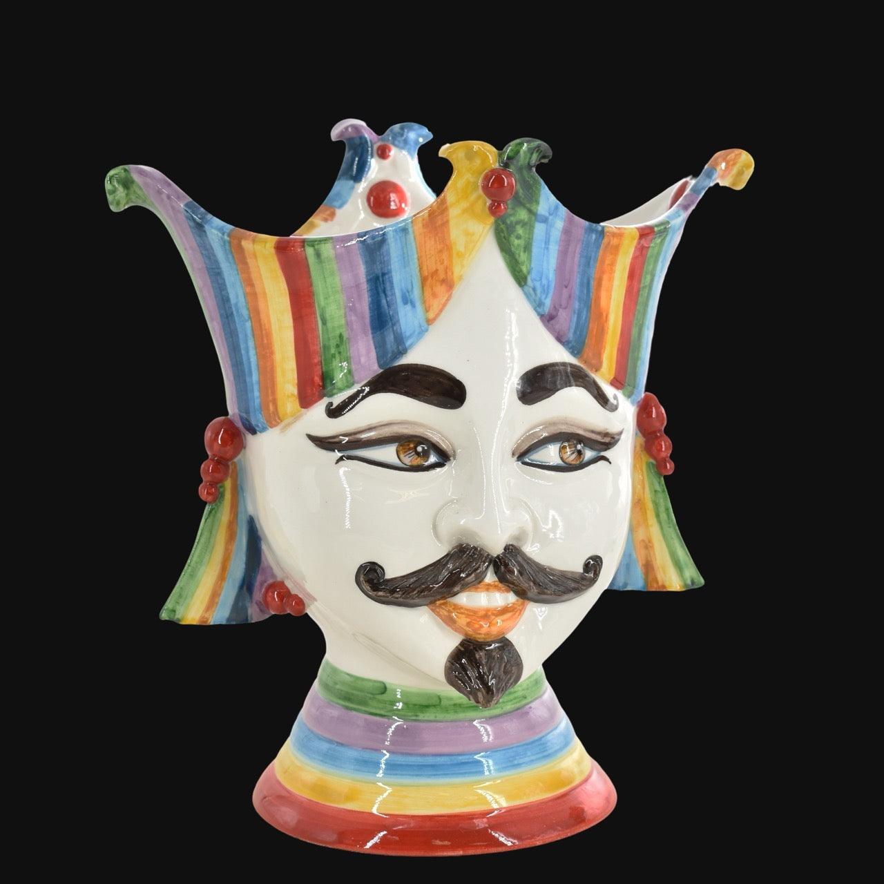 Hand-painted ceramic Testa di Moro with vibrant rainbow stripes, mustache, and jester crown, traditional Sicilian decor