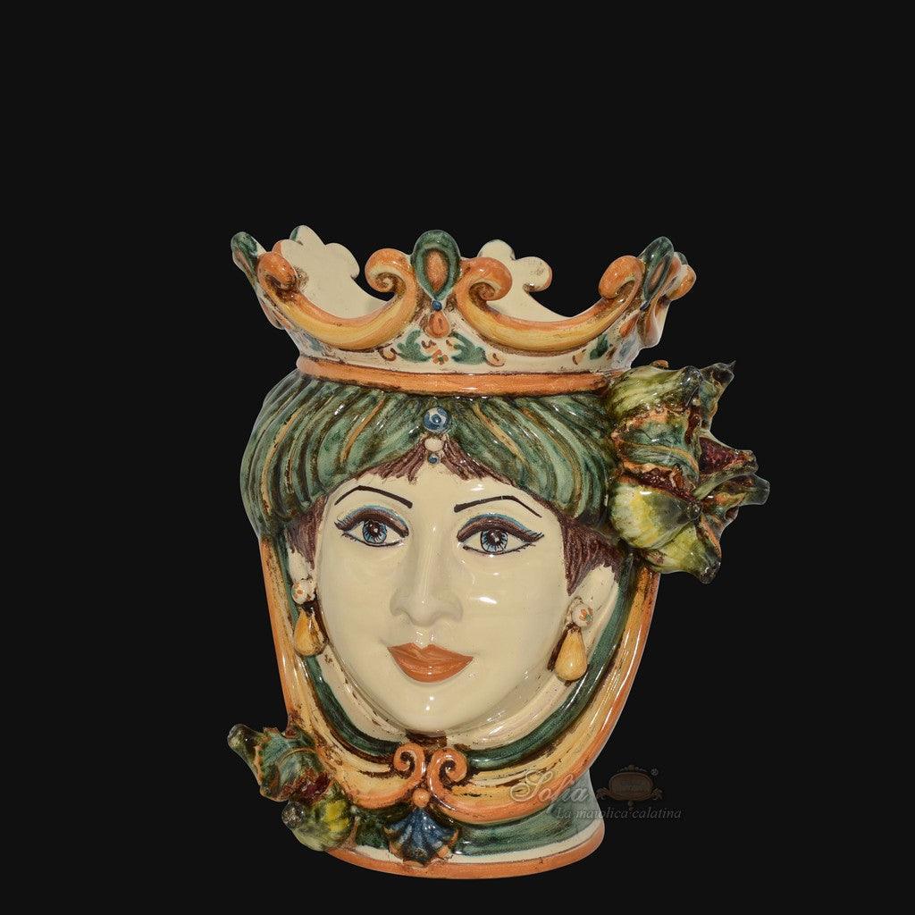 Testa di Moro con Fichi, Donna, Verde e Arancio, corona e fiori colorati. Ceramica siciliana di Caltagirone, Sofia