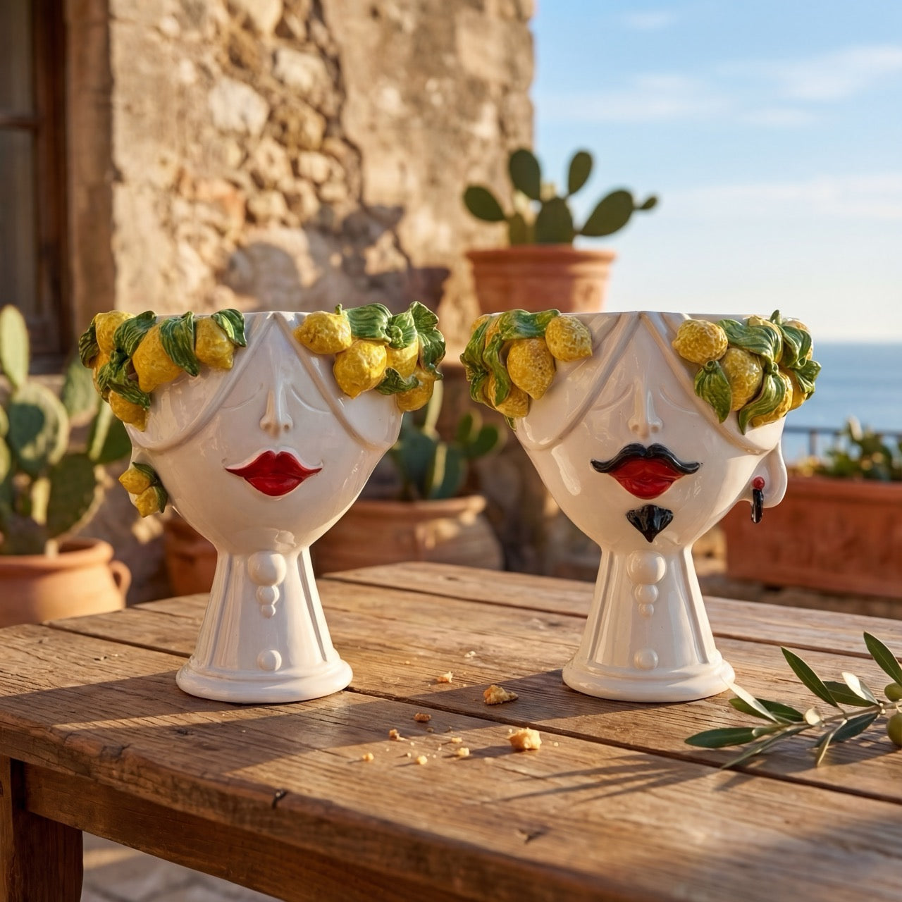 Handmade Teste di Moro ceramic vases with lemon wreaths, red lips, mustache, on rustic table by sea