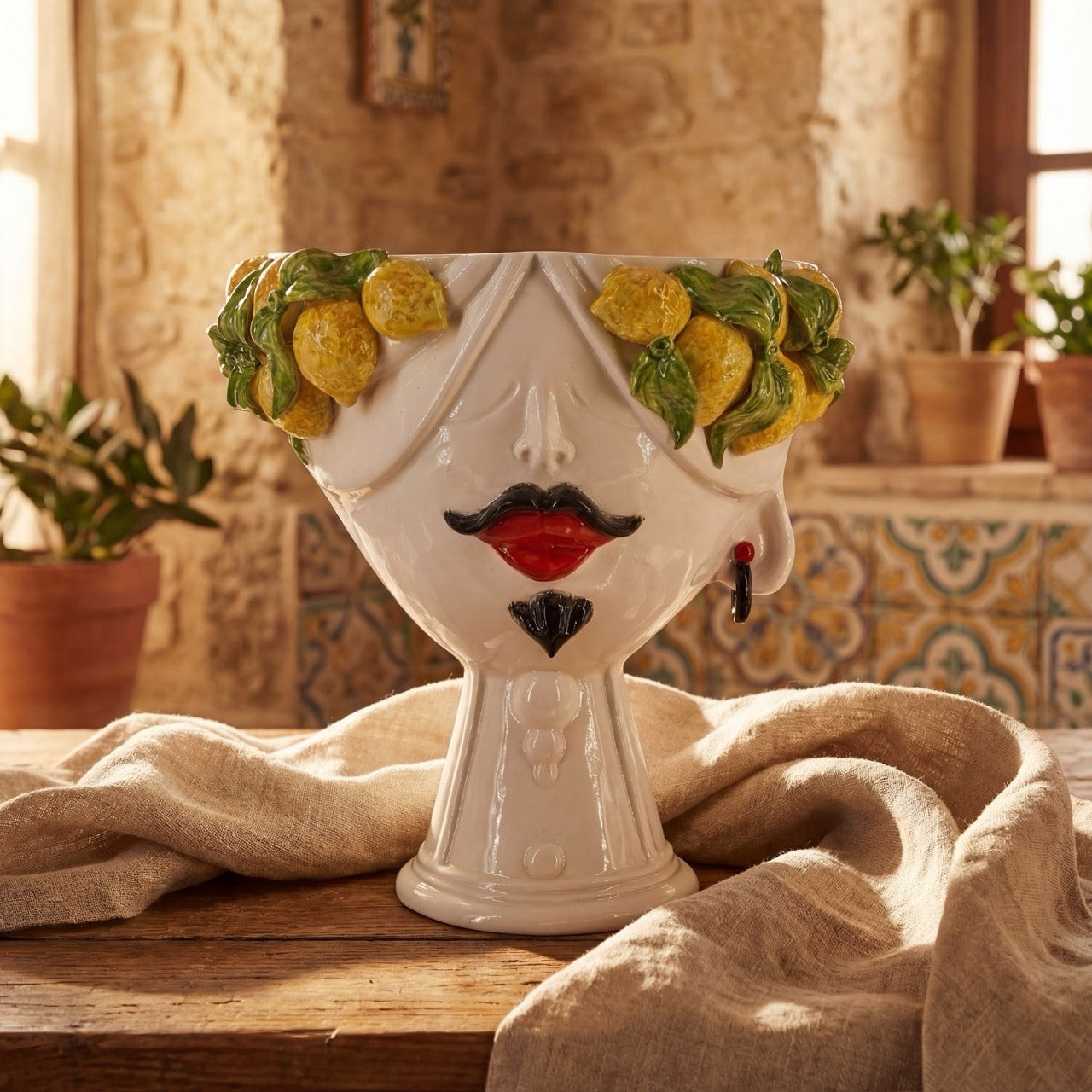 Handmade Teste di Moro ceramic vase with lemon wreath, bold red lips, and black mustache, styled on rustic wood.