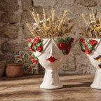 Handmade Teste di Moro vase with red roses, holding dried wheat, rustic home decor