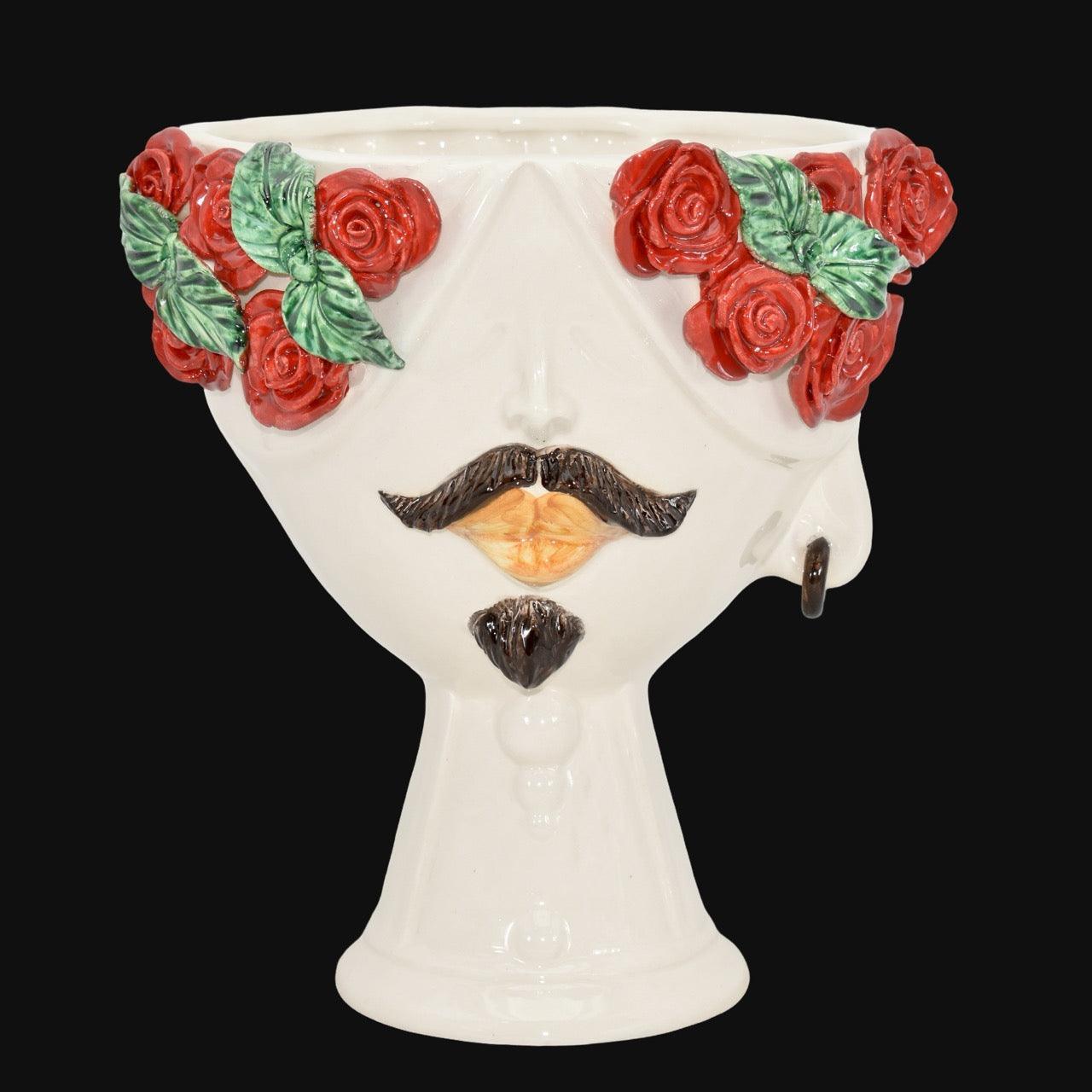 Handcrafted Teste di Moro vase with red roses, mustache, and goatee, blending tradition and modern design.