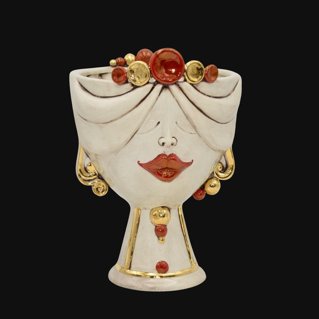 Handmade Teste di Moro ceramic vase with red lips, gold accents, and ornate crown, blending tradition and modern design
