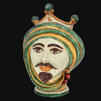 Testa di Moro, Maschio Bianco, Verde e Arancio, turbante e corona. Ceramica siciliana di Caltagirone, Sofia