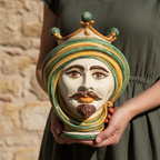 Testa di Moro, Maschio Bianco, Verde e Arancio. Ceramica siciliana di Caltagirone, Sofia