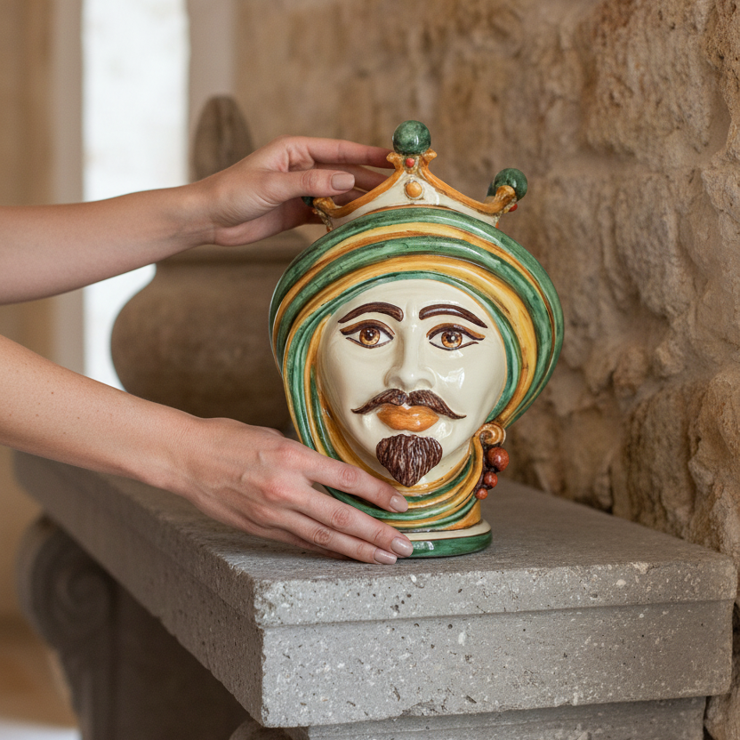Testa di Moro, Maschio Bianco, Verde e Arancio. Ceramica siciliana di Caltagirone, Sofia