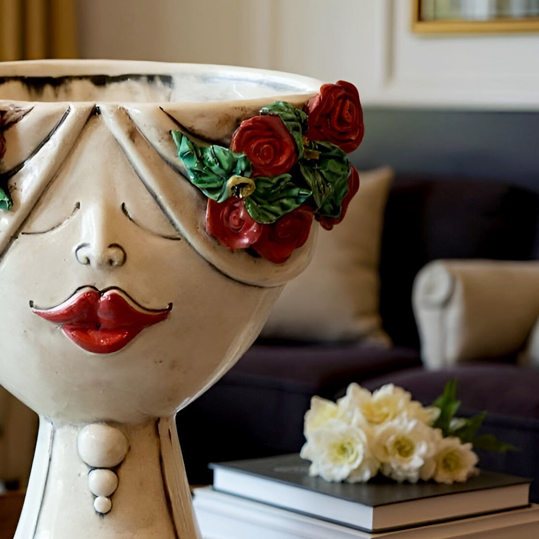 Handmade female Testa di Moro ceramic vase with red roses and pearl details