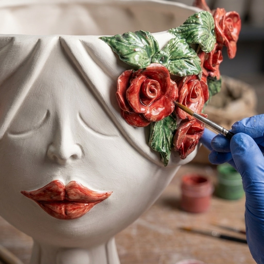 Hand-painted ceramic Testa di Moro vase with red roses and green leaves in artisan workshop.