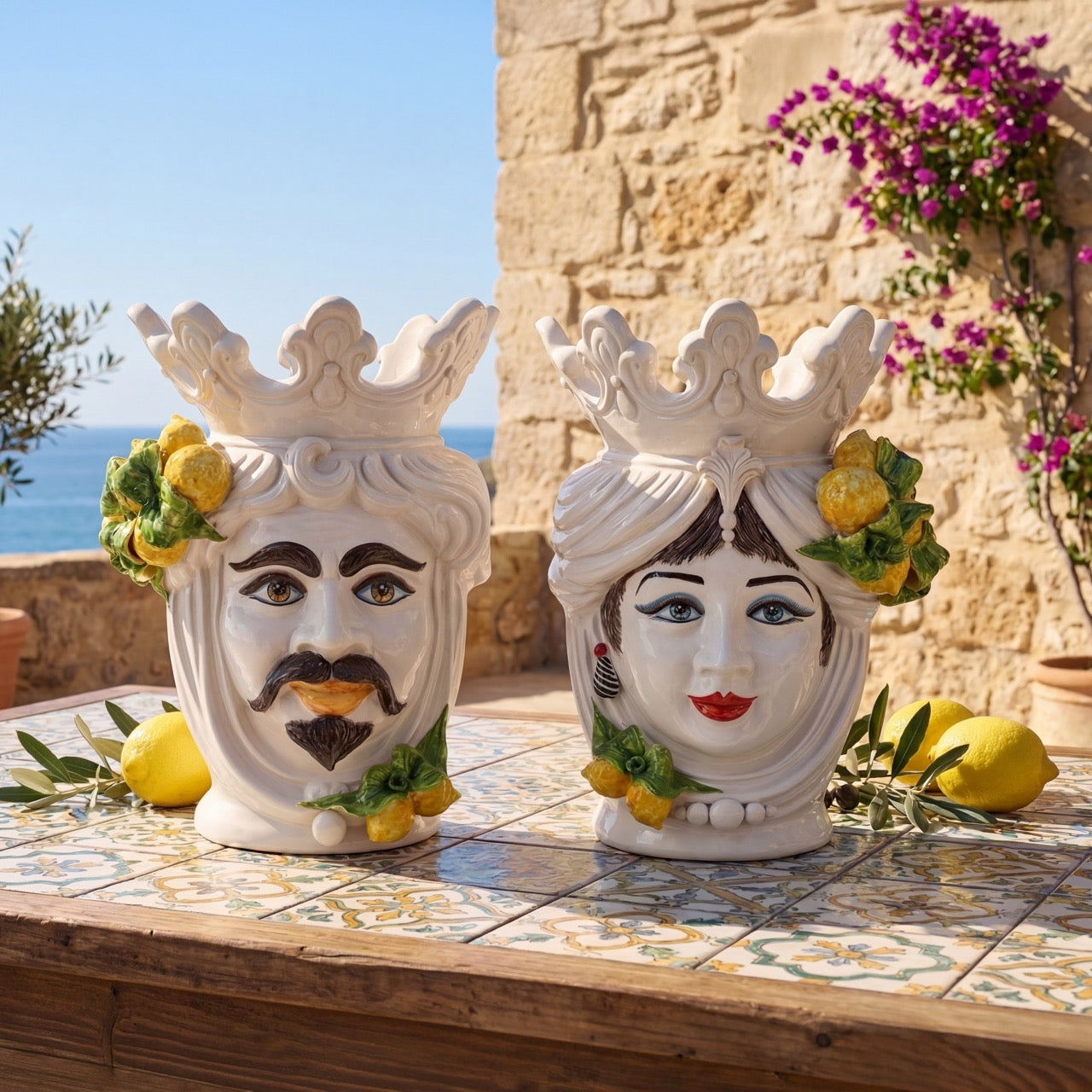 Handcrafted Teste di Moro ceramic faces with lemon accents, set on tiled table by seaside