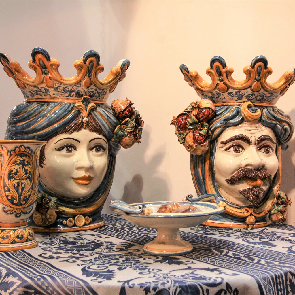 Testa di moro h 40 melograni blu e arancio femmina - Ceramiche di Caltagirone Sofia