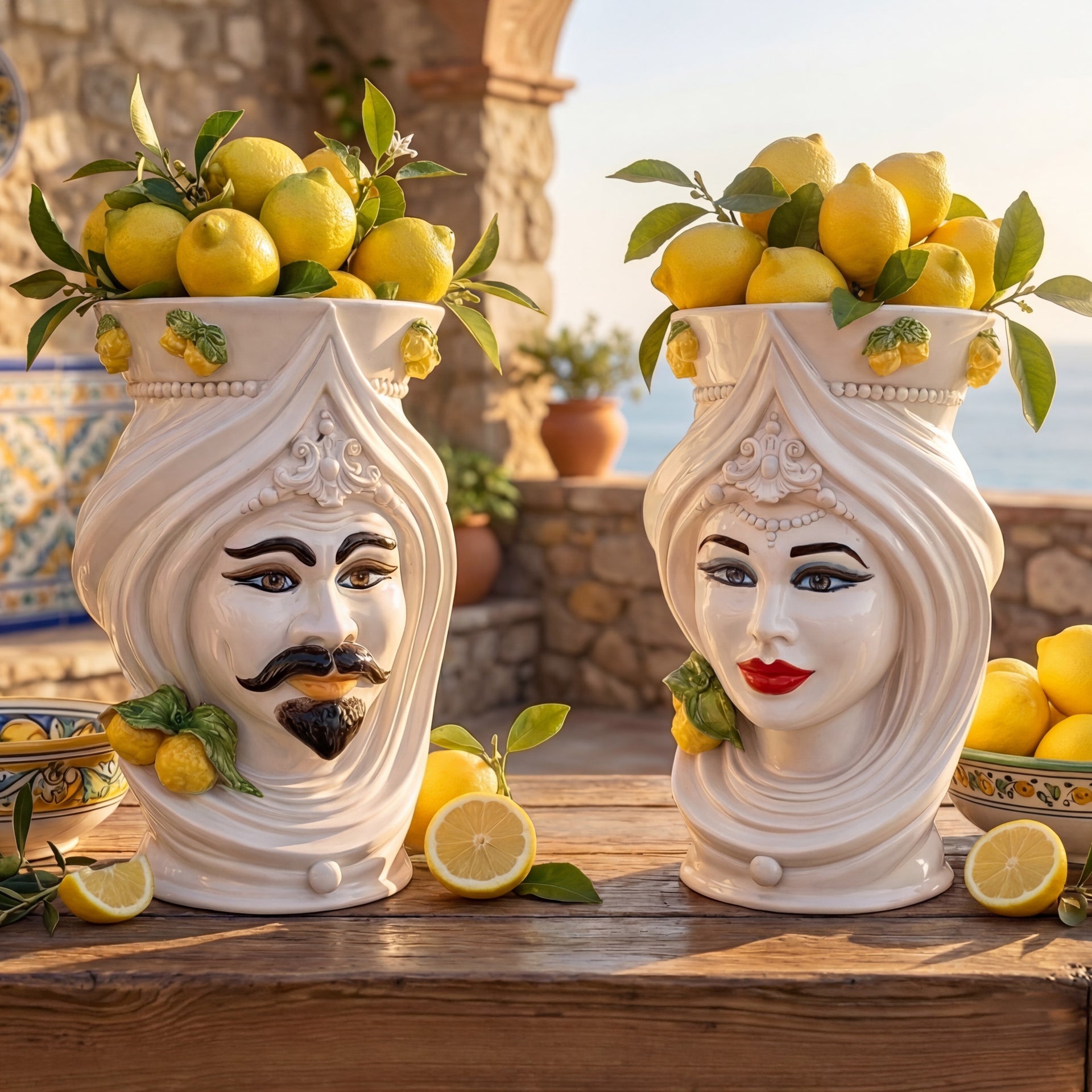 Pair of traditional Teste di Moro ceramic vases filled with fresh lemons on a wooden table.