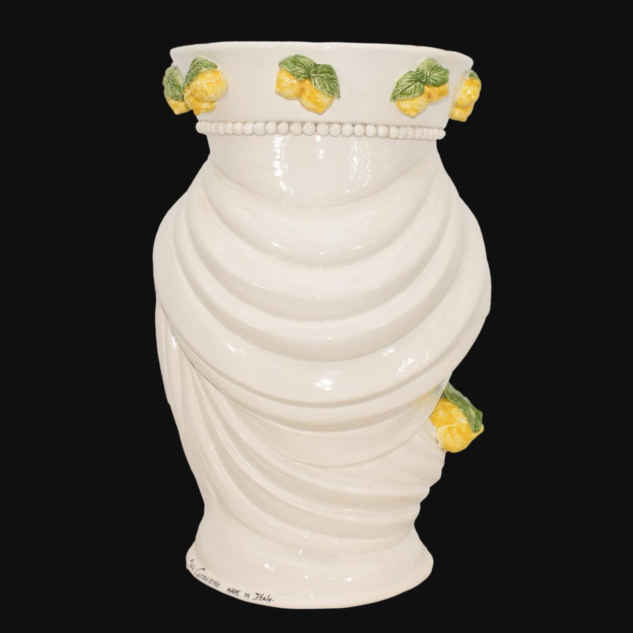 White ceramic vase with lemon motifs, handmade Italian design, elegant drapery texture
