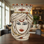 Handmade Teste di Moro ceramic vase with crown, gold accents, and vibrant blue eyes, perfect for modern home decor.