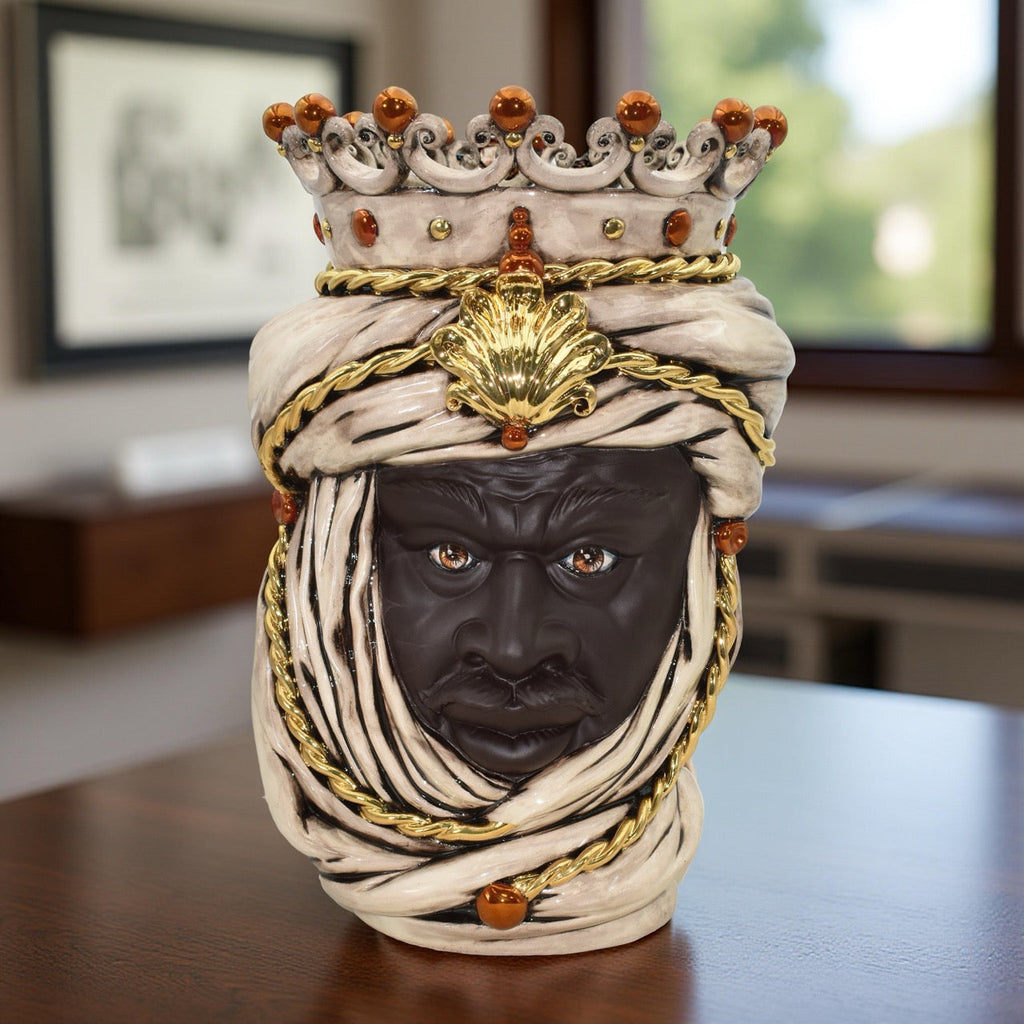 Handmade Teste di Moro ceramic vase with crown and turban, traditional Sicilian decor