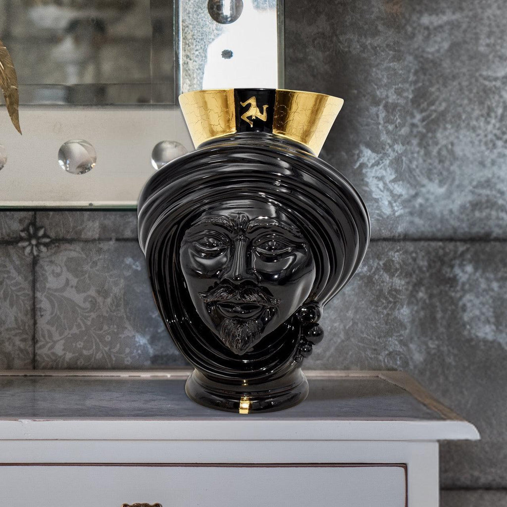 Black and gold Testa di Moro vase with turban, handcrafted ceramic decor for modern interiors