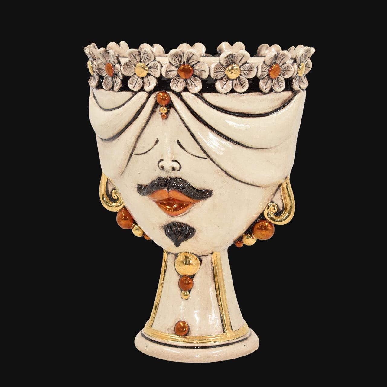 Handmade Teste di Moro ceramic vase with floral crown, mustache, and gold accents, blending tradition and modern design.