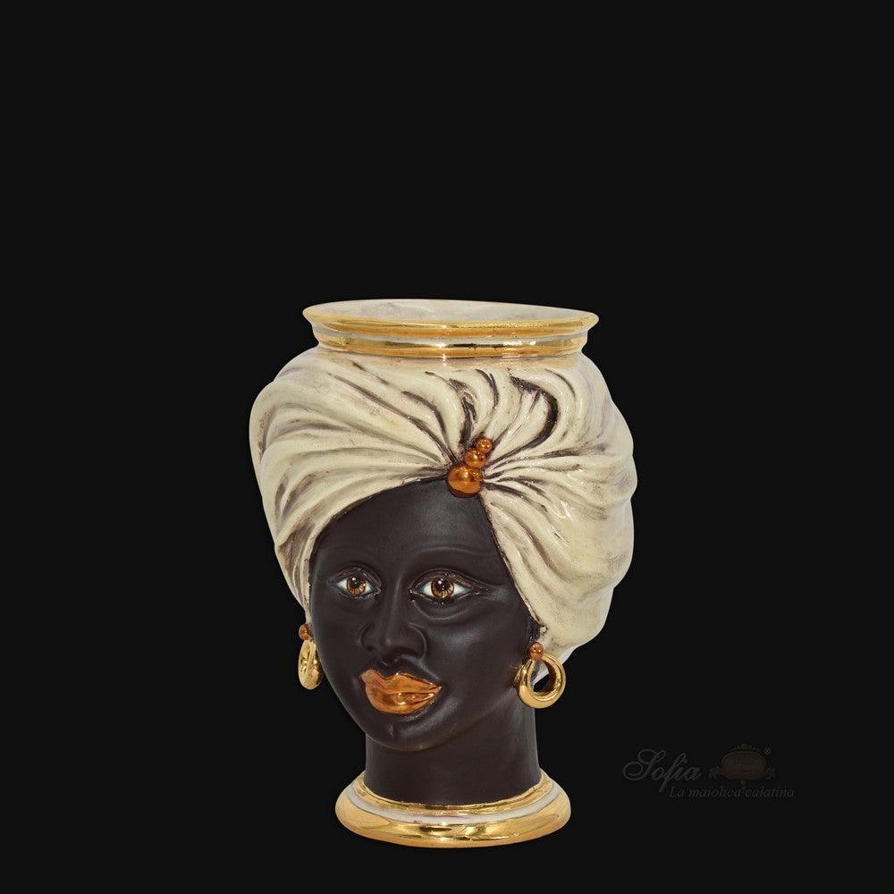 Handmade Testa di Moro vase with black face, white turban, gold accents, traditional Sicilian ceramic decor
