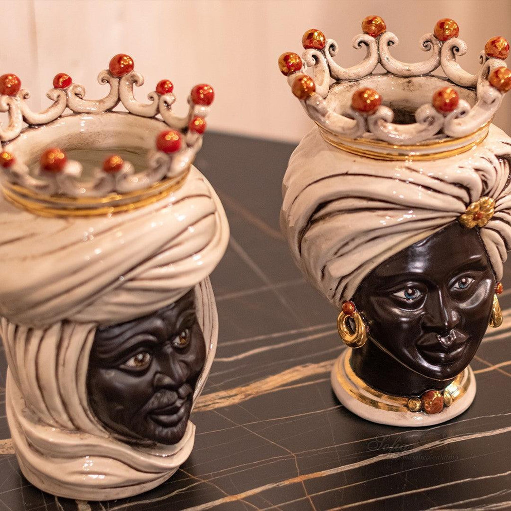 Handmade Teste di Moro ceramic sculptures with crowns, turban details, and gold accents for modern decor