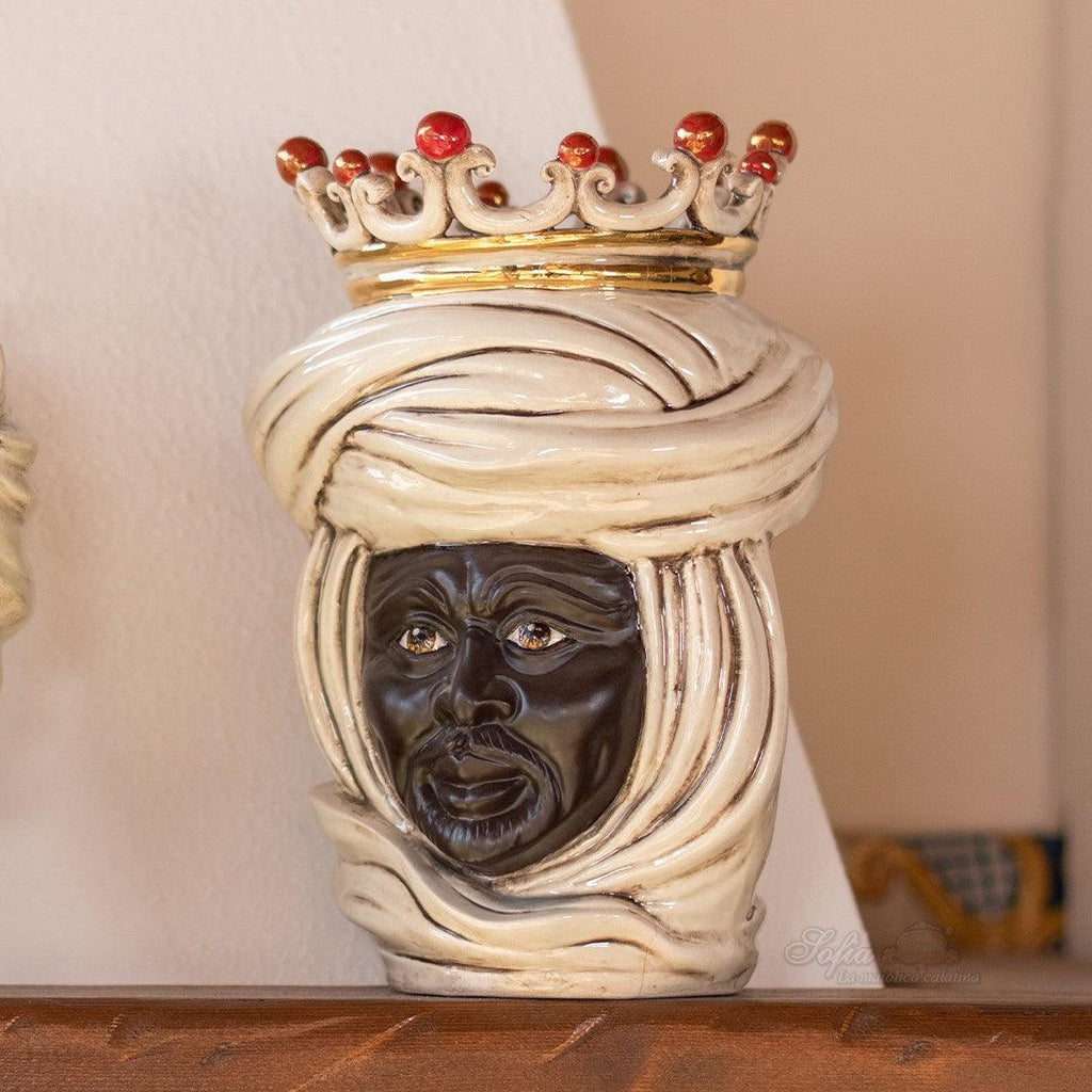 Handcrafted Teste di Moro ceramic vase with crown, traditional Sicilian design for home decor