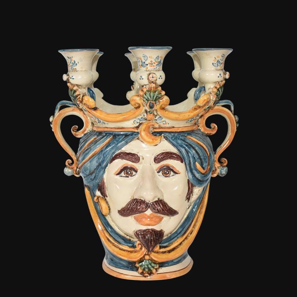Handmade Teste di Moro ceramic face vase with three candle holders, blue and orange glaze, traditional Sicilian design