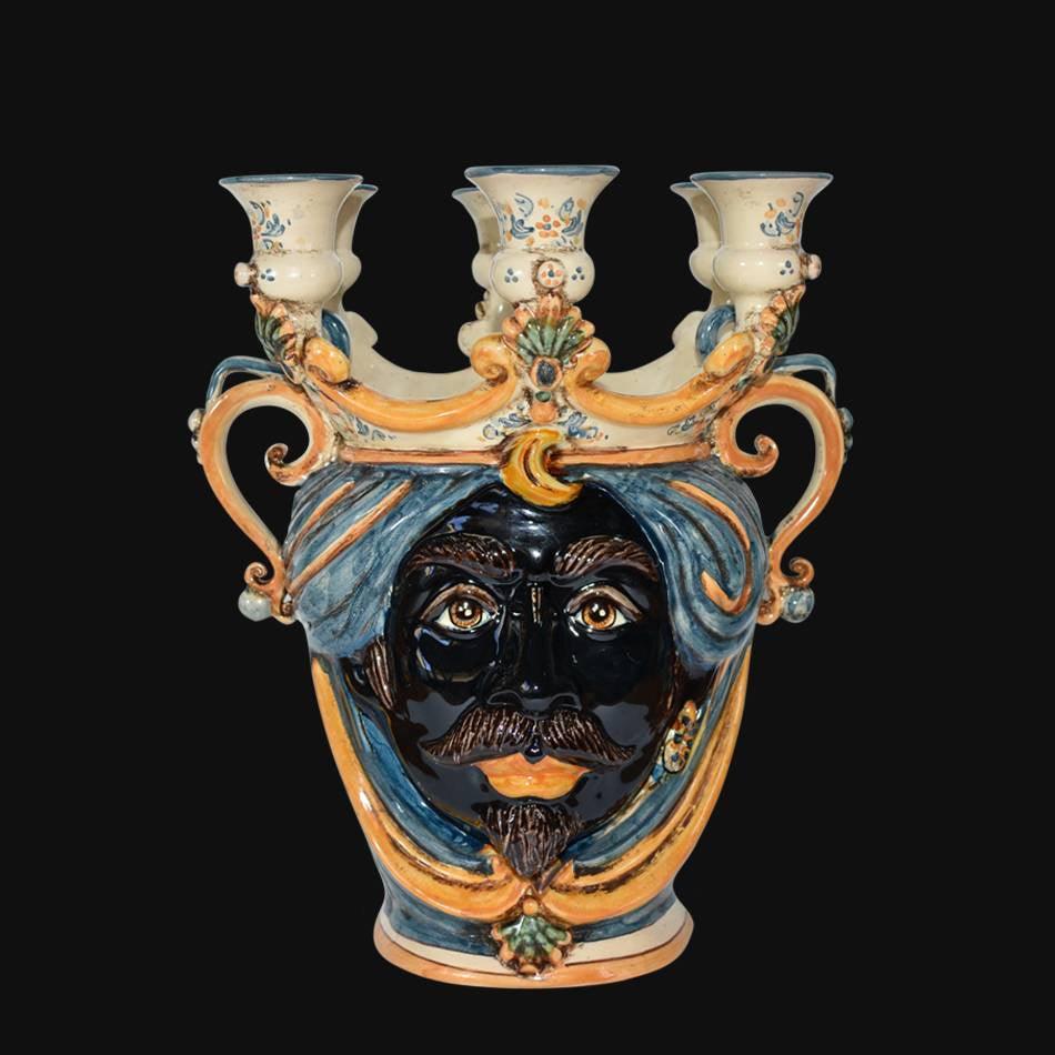 Handmade Sicilian Testa di Moro ceramic wall sconce with three candle holders, vibrant blue and gold glaze
