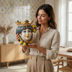 Woman holding a handcrafted Teste di Moro ceramic vase with crown and lemons, showcasing Sicilian artistry.