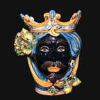 Handmade Testa di Moro ceramic vase with crown, blue turban, and lemon accents, traditional Sicilian decor