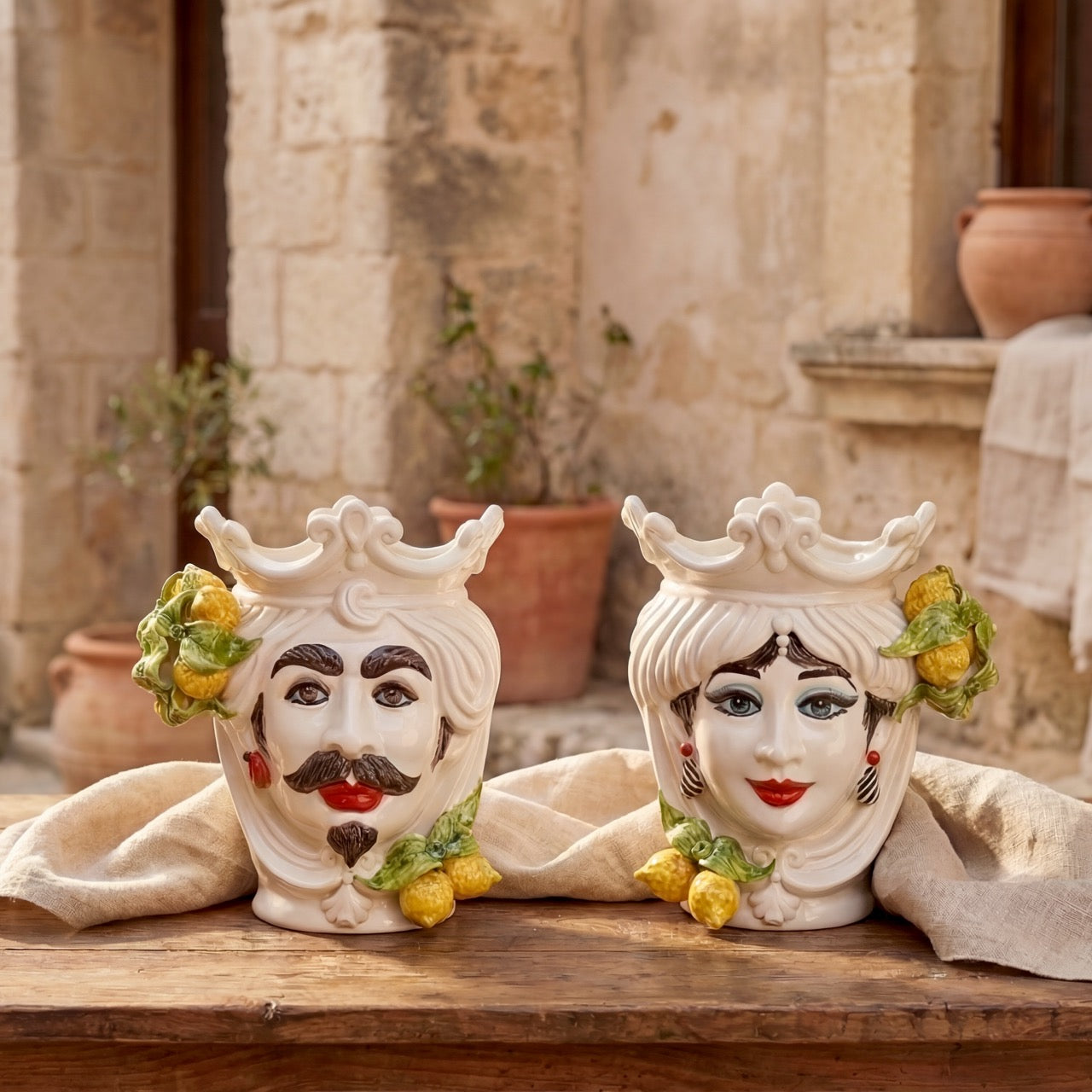 Handmade Teste di Moro ceramic vases with lemon accents, traditional Sicilian design for home decor