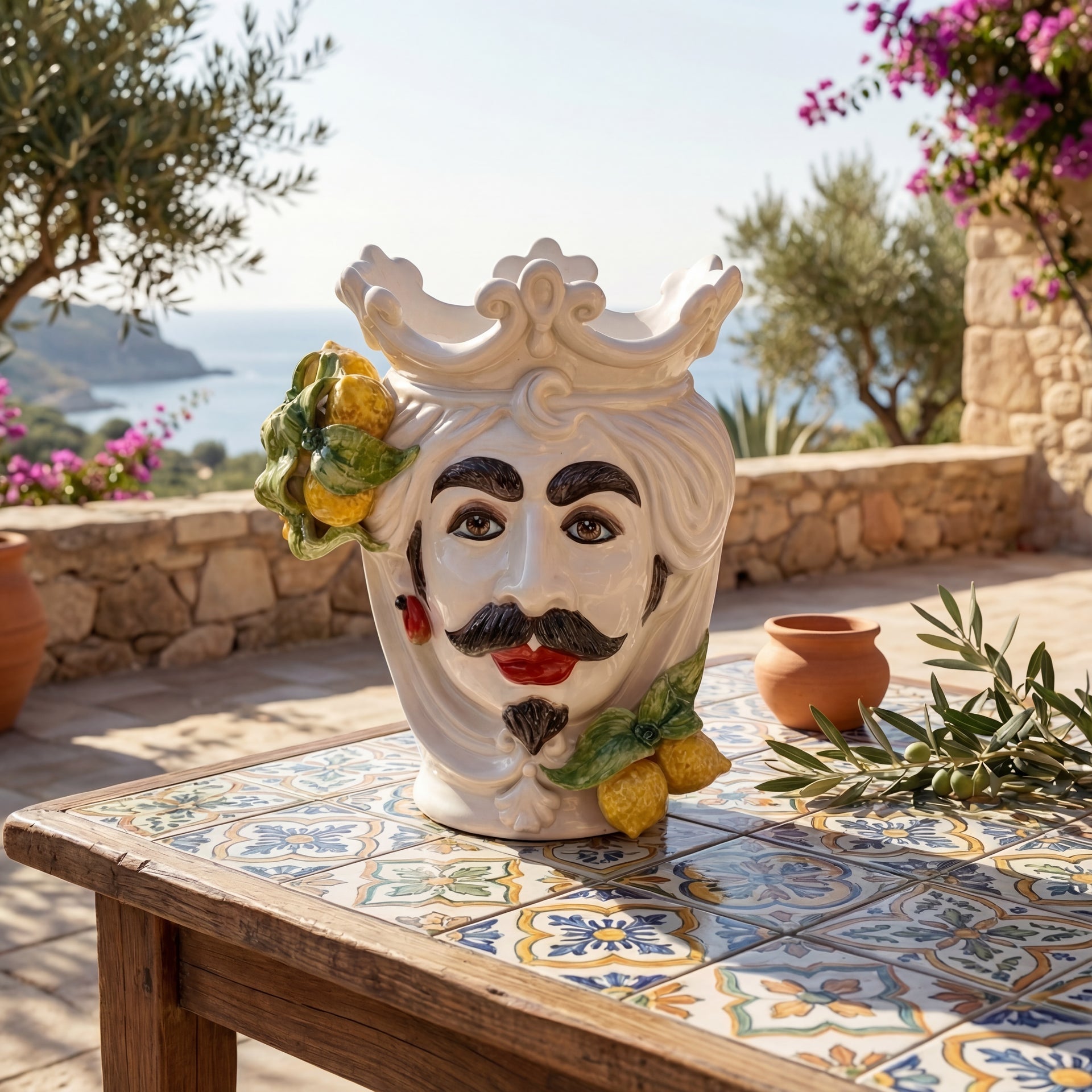 Handmade ceramic Teste di Moro vase with lemons on a tiled outdoor table in Sicily.
