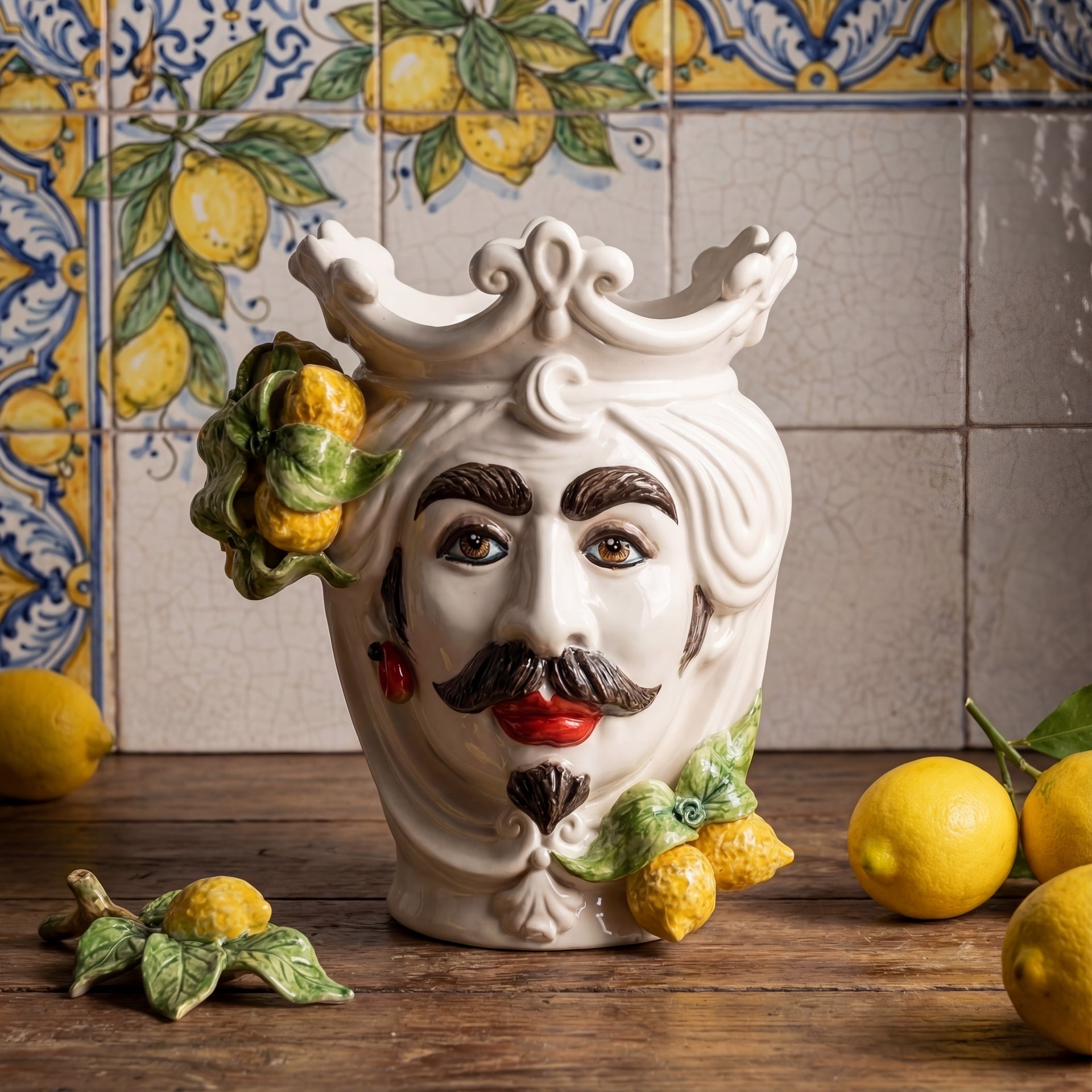 Handcrafted ceramic Teste di Moro head vase with lemon decorations on a wooden table.
