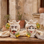 Handmade Teste di Moro ceramic faces with crowns and lemons, traditional Sicilian decor for home styling