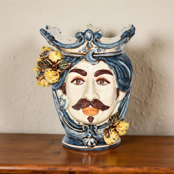 Testa di Moro con Limoni h 25 cm - Maschio Bianco, Mono Blu