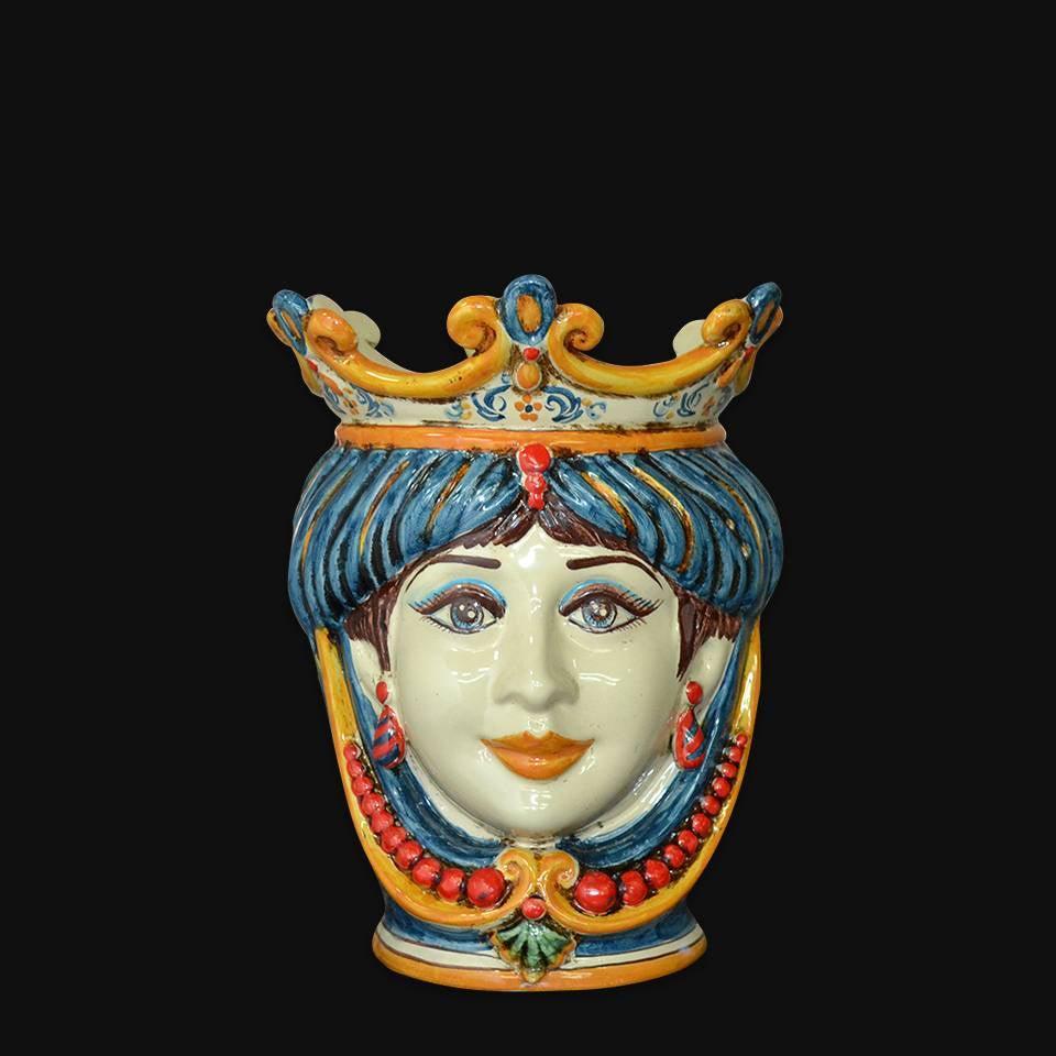 Handmade Sicilian Testa di Moro with crown, blue hair, and red beads, traditional ceramic decor