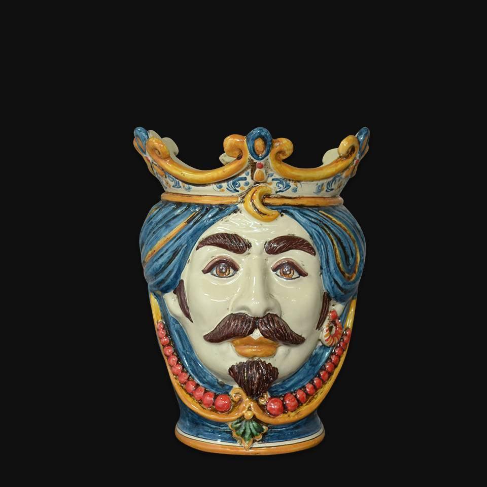 Handmade Teste di Moro ceramic vase with crown, blue hair, and vibrant colors, traditional Sicilian decor