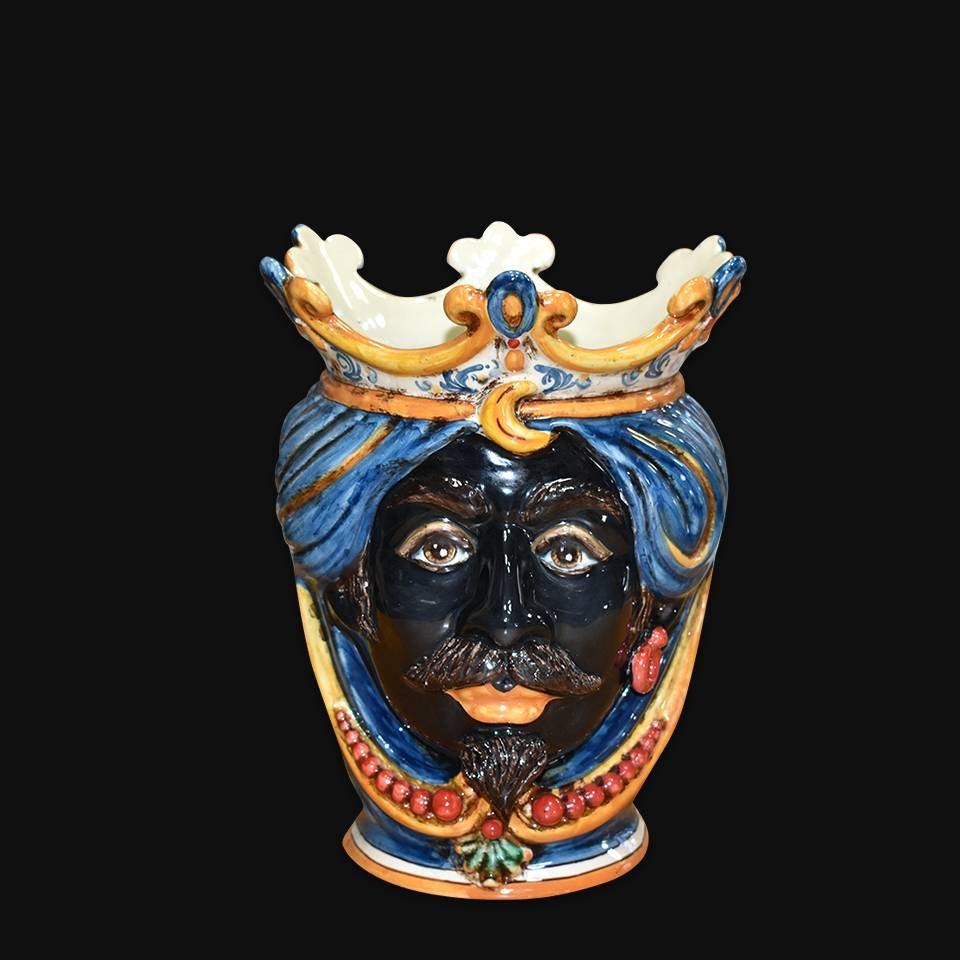 Handmade Teste di Moro ceramic vase with crown, blue turban, and vibrant colors, traditional Sicilian art.