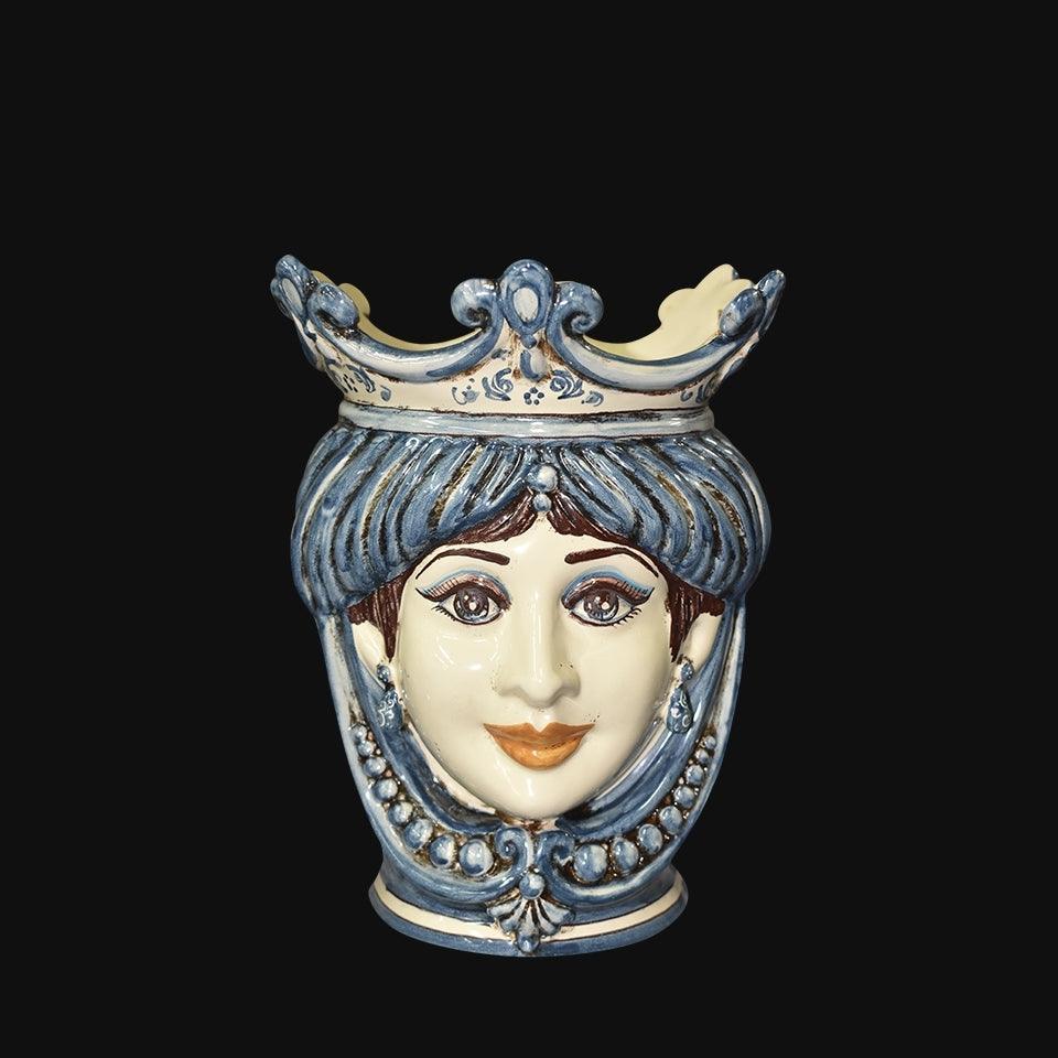 Ceramica di Caltagirone fatta a mano con volto femminile e corona blu