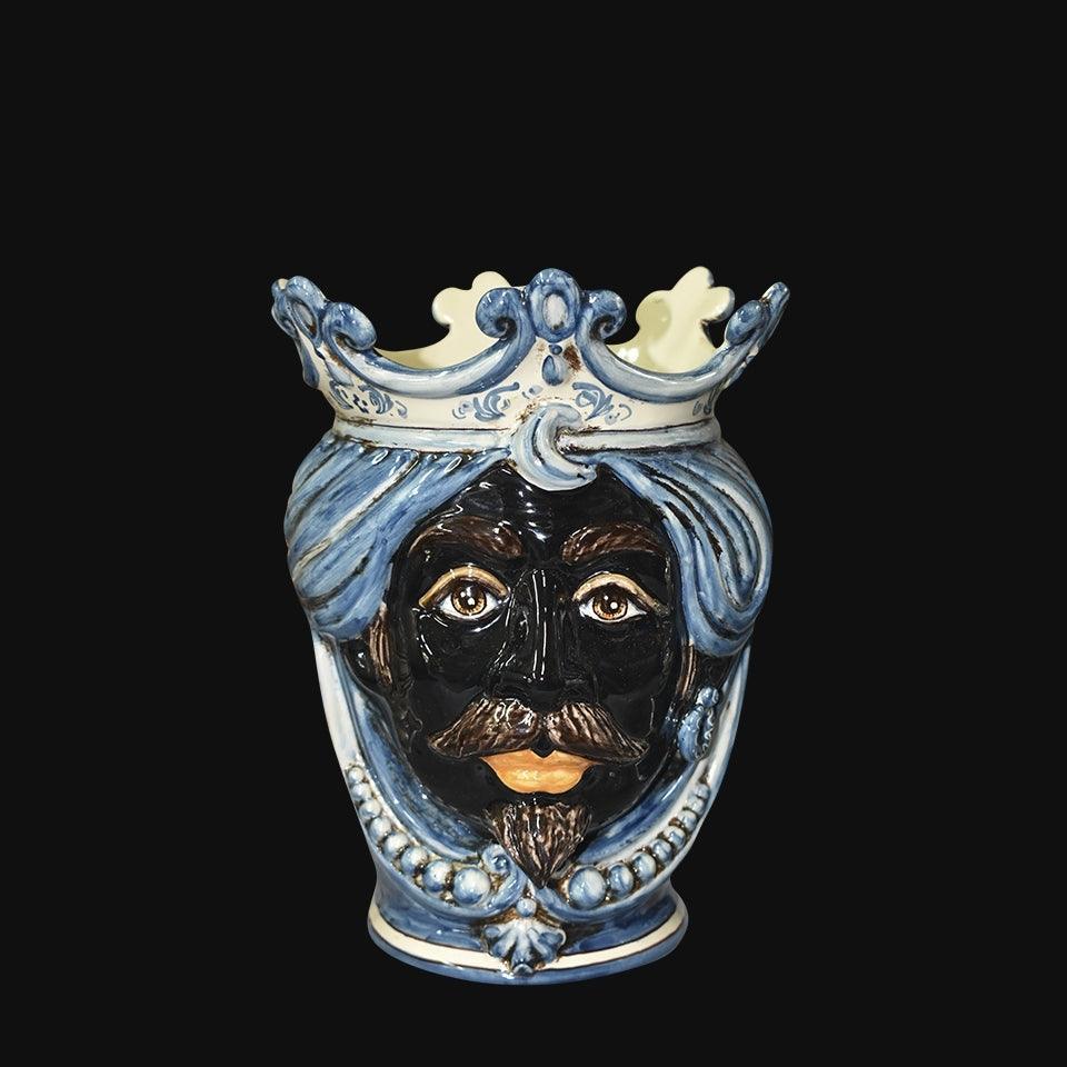 Handmade Teste di Moro vase with blue turban and crown, traditional Sicilian ceramic art